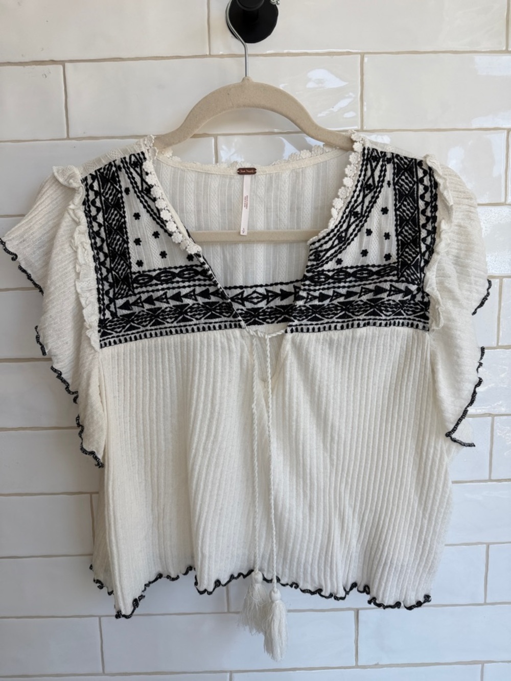 Free People Boho Embroidered White Flutter Sleeve Top with Black Trim